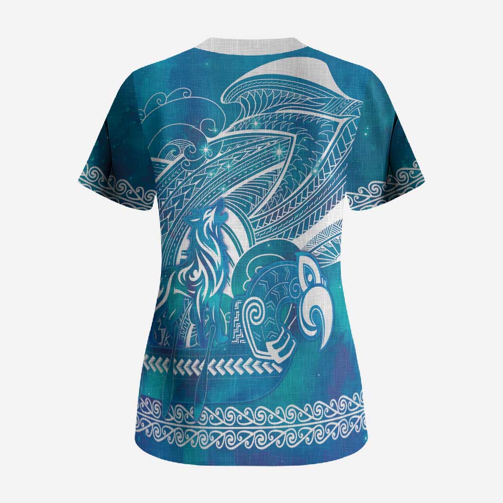 Kuri Dog Waka New Zealand Matariki Scrub Top Ocean Sharks Maori Tattoo