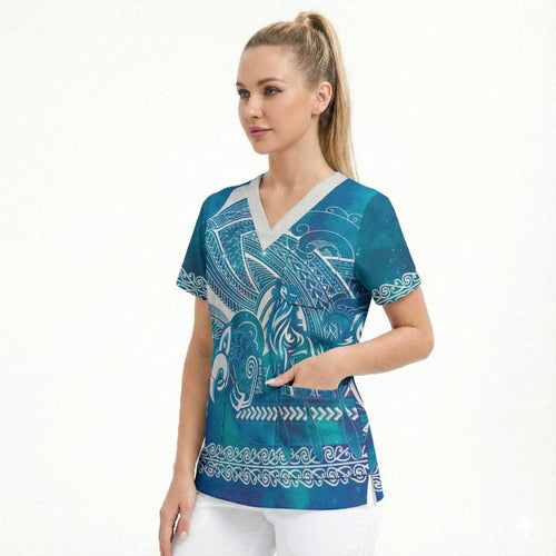 Kuri Dog Waka New Zealand Matariki Scrub Top Ocean Sharks Maori Tattoo