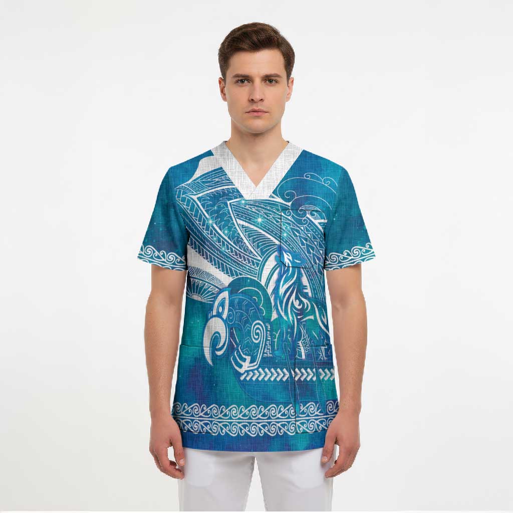 Kuri Dog Waka New Zealand Matariki Scrub Top Ocean Sharks Maori Tattoo