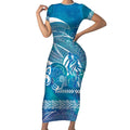 Kuri Dog Waka New Zealand Matariki Short Sleeve Bodycon Dress Ocean Sharks Maori Tattoo