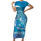 Kuri Dog Waka New Zealand Matariki Short Sleeve Bodycon Dress Ocean Sharks Maori Tattoo