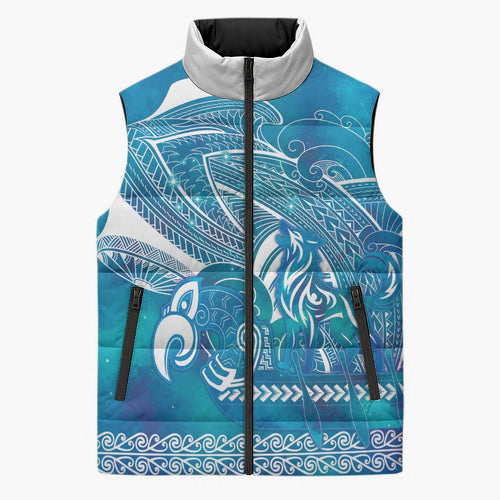 Kuri Dog Waka New Zealand Matariki Sleeveless Puffer Jacket Ocean Sharks Maori Tattoo