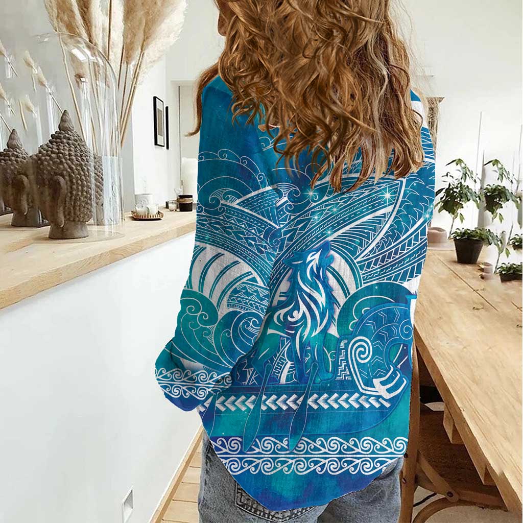 Kuri Dog Waka New Zealand Matariki Women Casual Shirt Ocean Sharks Maori Tattoo