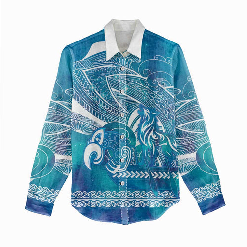Kuri Dog Waka New Zealand Matariki Women Casual Shirt Ocean Sharks Maori Tattoo