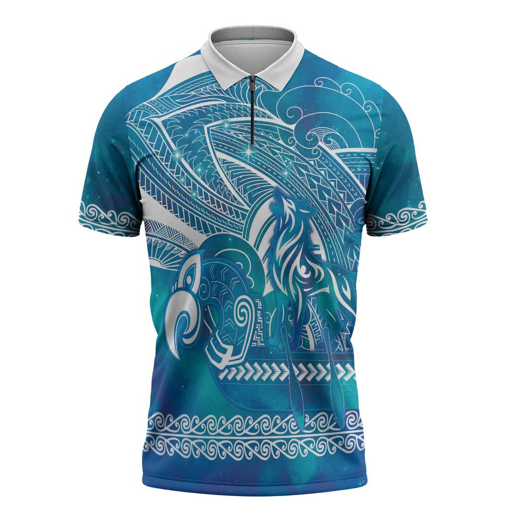 Kuri Dog Waka New Zealand Matariki Zipper Polo Shirt Ocean Sharks Maori Tattoo