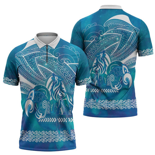Kuri Dog Waka New Zealand Matariki Zipper Polo Shirt Ocean Sharks Maori Tattoo