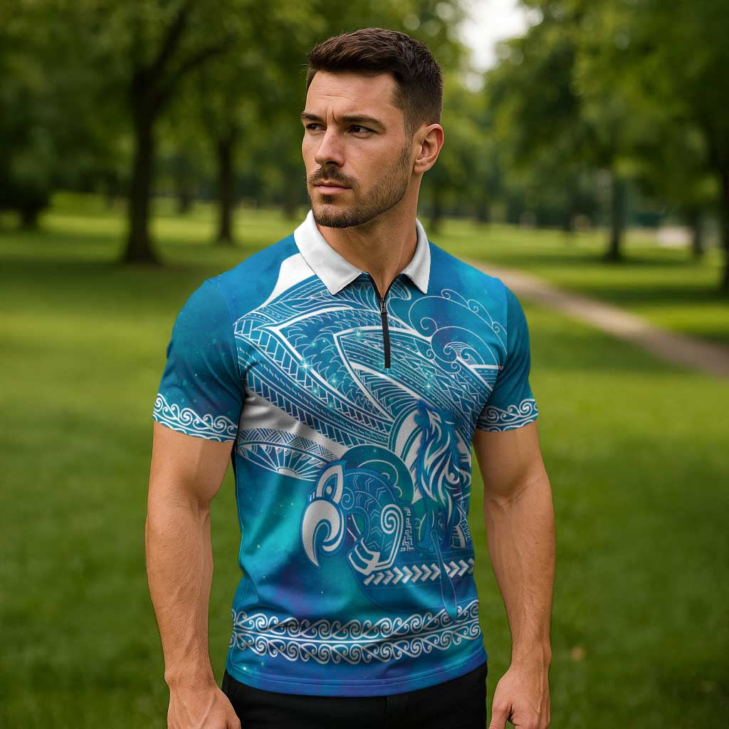 Kuri Dog Waka New Zealand Matariki Zipper Polo Shirt Ocean Sharks Maori Tattoo