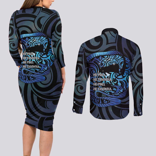 Tuna Eel New Zealand Matariki Couples Matching Long Sleeve Bodycon Dress and Long Sleeve Button Shirt He Piko He Taniwha Maori Pattern