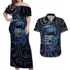 Tuna Eel New Zealand Matariki Couples Matching Off Shoulder Maxi Dress and Hawaiian Shirt He Piko He Taniwha Maori Pattern