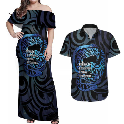 Tuna Eel New Zealand Matariki Couples Matching Off Shoulder Maxi Dress and Hawaiian Shirt He Piko He Taniwha Maori Pattern