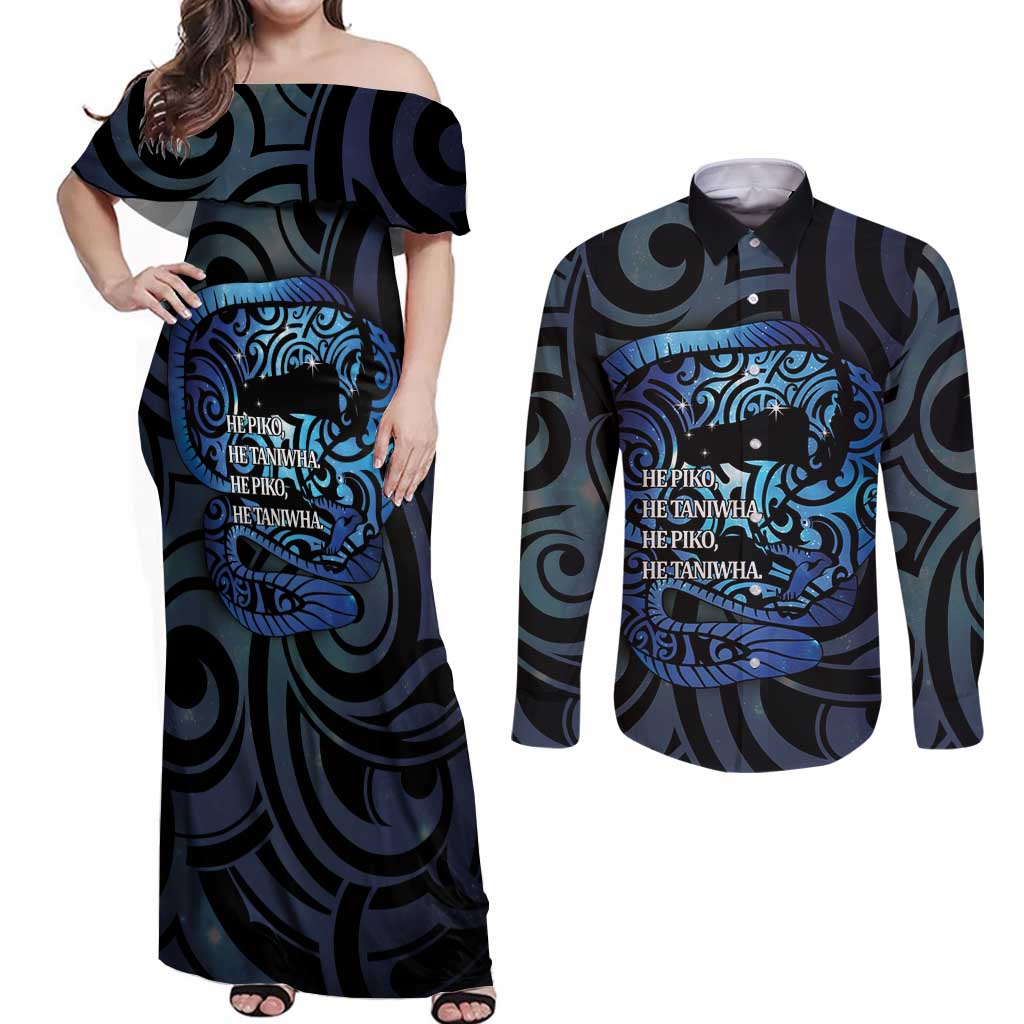 Tuna Eel New Zealand Matariki Couples Matching Off Shoulder Maxi Dress and Long Sleeve Button Shirt He Piko He Taniwha Maori Pattern