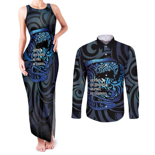 Tuna Eel New Zealand Matariki Couples Matching Tank Maxi Dress and Long Sleeve Button Shirt He Piko He Taniwha Maori Pattern