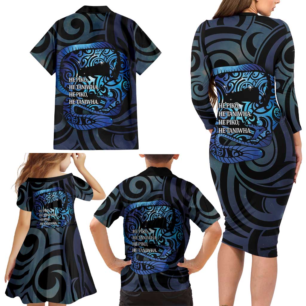 Tuna Eel New Zealand Matariki Family Matching Long Sleeve Bodycon Dress and Hawaiian Shirt He Piko He Taniwha Maori Pattern