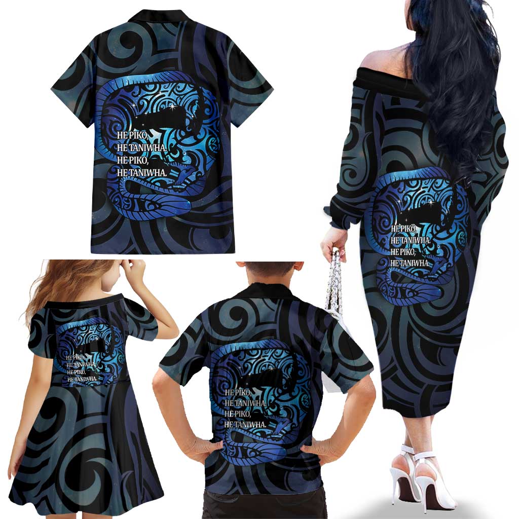 Tuna Eel New Zealand Matariki Family Matching Off The Shoulder Long Sleeve Dress and Hawaiian Shirt He Piko He Taniwha Maori Pattern
