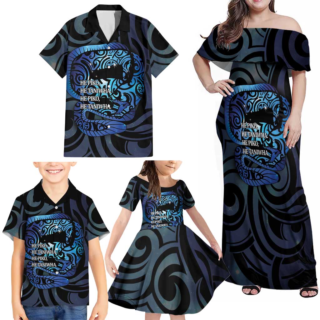 Tuna Eel New Zealand Matariki Family Matching Off Shoulder Maxi Dress and Hawaiian Shirt He Piko He Taniwha Maori Pattern