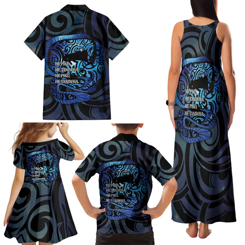 Tuna Eel New Zealand Matariki Family Matching Tank Maxi Dress and Hawaiian Shirt He Piko He Taniwha Maori Pattern