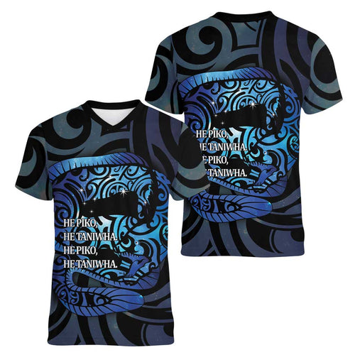 Tuna Eel New Zealand Matariki Women V-Neck T-Shirt He Piko He Taniwha Maori Pattern