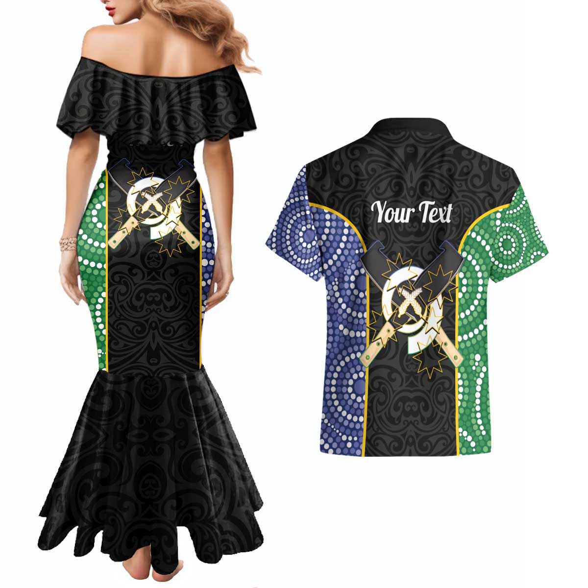 Personalised South Sea Islanders National Recognition Day Couples Matching Mermaid Dress and Hawaiian Shirt Australia Aboriginal Vanuatu Pig Tusk