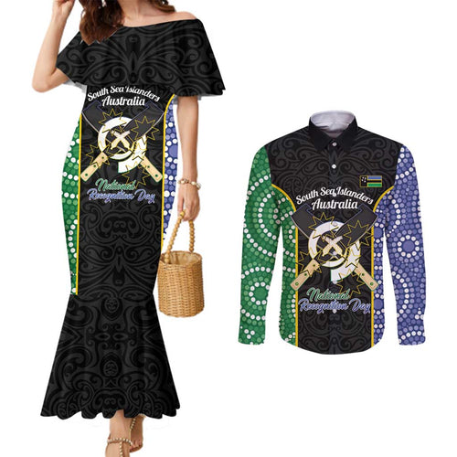 Personalised South Sea Islanders National Recognition Day Couples Matching Mermaid Dress and Long Sleeve Button Shirt Australia Aboriginal Vanuatu Pig Tusk