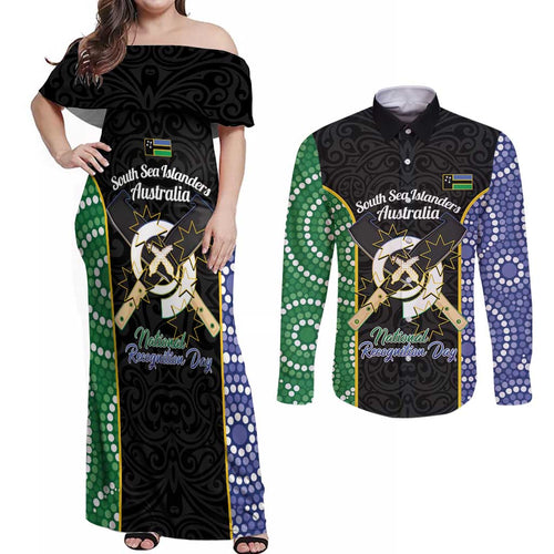 Personalised South Sea Islanders National Recognition Day Couples Matching Off Shoulder Maxi Dress and Long Sleeve Button Shirt Australia Aboriginal Vanuatu Pig Tusk