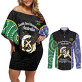 Personalised South Sea Islanders National Recognition Day Couples Matching Off Shoulder Short Dress and Long Sleeve Button Shirt Australia Aboriginal Vanuatu Pig Tusk