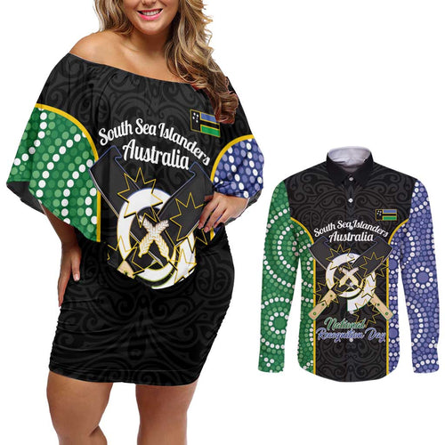 Personalised South Sea Islanders National Recognition Day Couples Matching Off Shoulder Short Dress and Long Sleeve Button Shirt Australia Aboriginal Vanuatu Pig Tusk