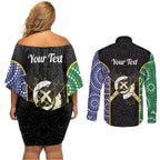 Personalised South Sea Islanders National Recognition Day Couples Matching Off Shoulder Short Dress and Long Sleeve Button Shirt Australia Aboriginal Vanuatu Pig Tusk