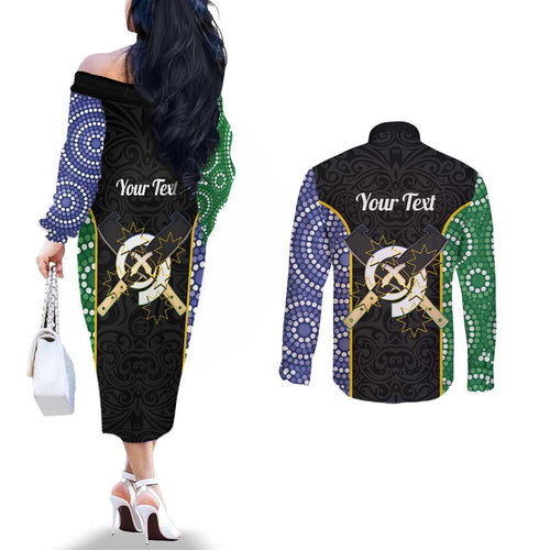 Personalised South Sea Islanders National Recognition Day Couples Matching Off The Shoulder Long Sleeve Dress and Long Sleeve Button Shirt Australia Aboriginal Vanuatu Pig Tusk