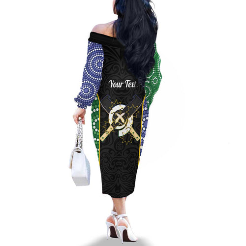 Personalised South Sea Islanders National Recognition Day Family Matching Off The Shoulder Long Sleeve Dress and Hawaiian Shirt Australia Aboriginal Vanuatu Pig Tusk