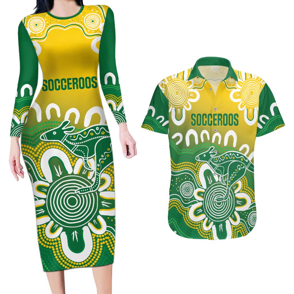 Custom Australia Socceroos Football Couples Matching Long Sleeve Bodycon Dress and Hawaiian Shirt Come On Aussie