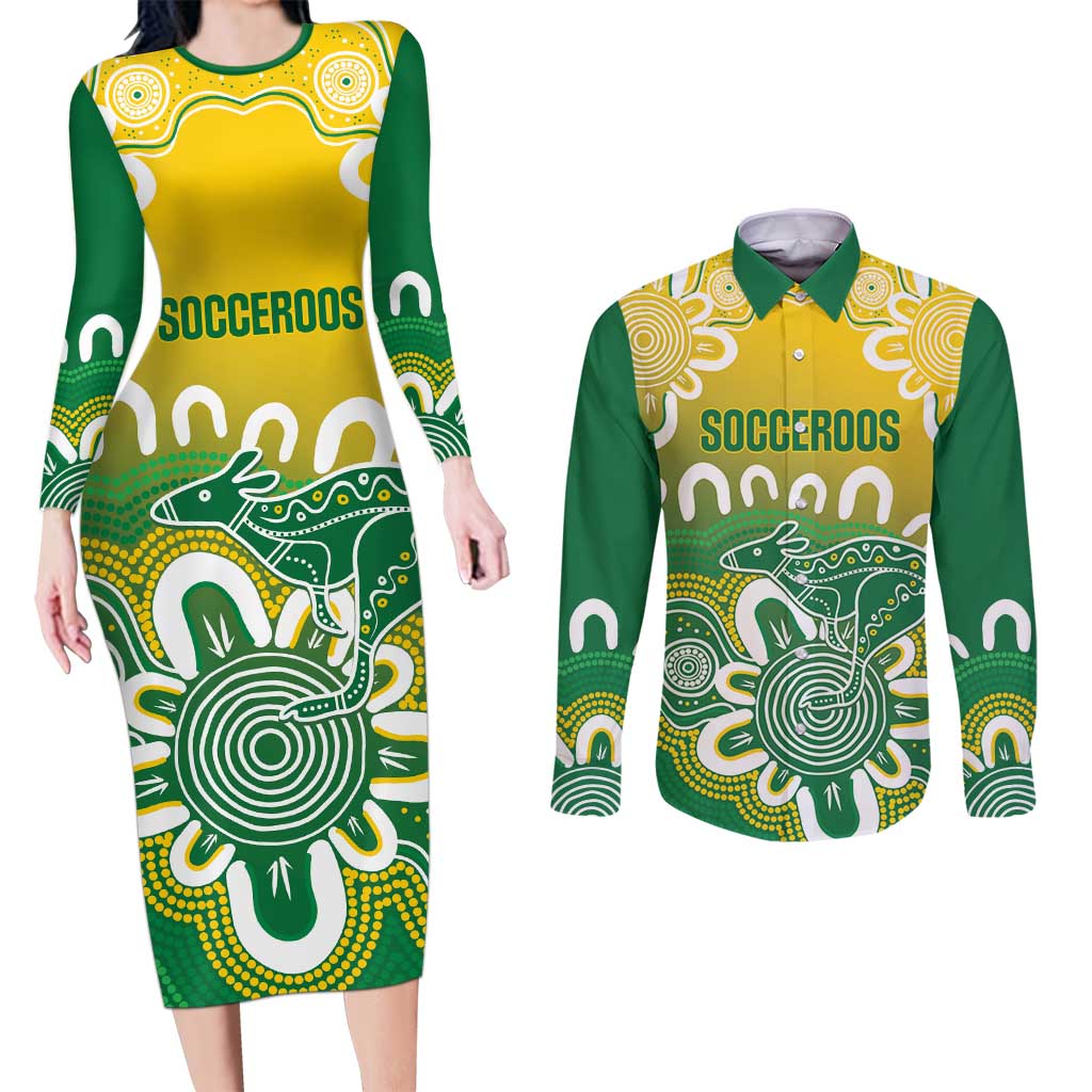 Custom Australia Socceroos Football Couples Matching Long Sleeve Bodycon Dress and Long Sleeve Button Shirt Come On Aussie