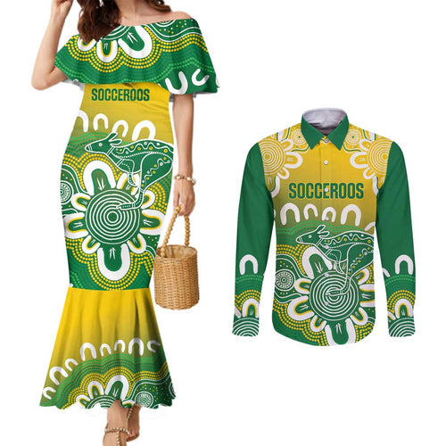 Custom Australia Socceroos Football Couples Matching Mermaid Dress and Long Sleeve Button Shirt Come On Aussie