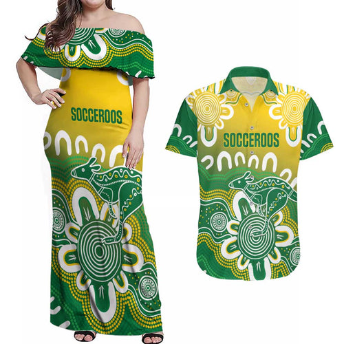 Custom Australia Socceroos Football Couples Matching Off Shoulder Maxi Dress and Hawaiian Shirt Come On Aussie