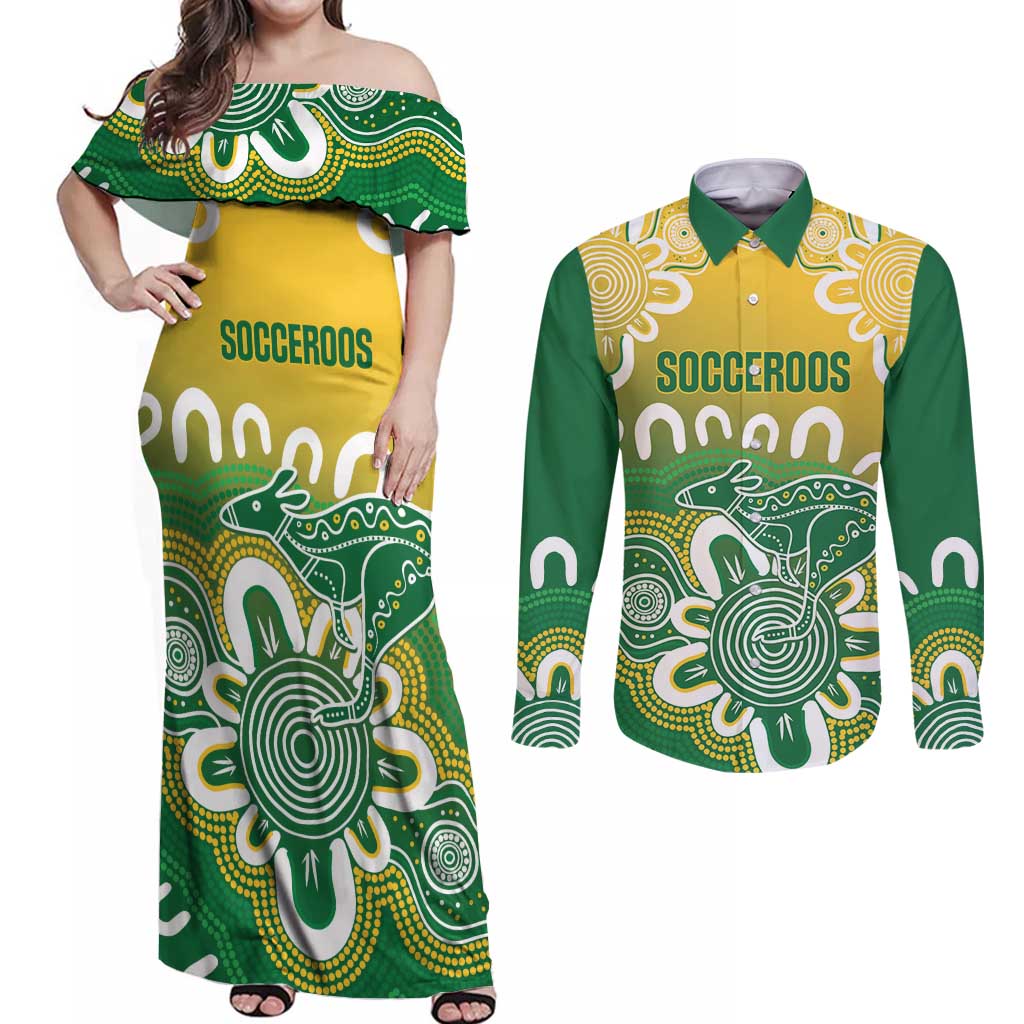 Custom Australia Socceroos Football Couples Matching Off Shoulder Maxi Dress and Long Sleeve Button Shirt Come On Aussie