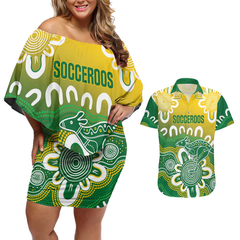 Custom Australia Socceroos Football Couples Matching Off Shoulder Short Dress and Hawaiian Shirt Come On Aussie