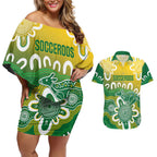 Custom Australia Socceroos Football Couples Matching Off Shoulder Short Dress and Hawaiian Shirt Come On Aussie