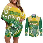 Custom Australia Socceroos Football Couples Matching Off Shoulder Short Dress and Long Sleeve Button Shirt Come On Aussie