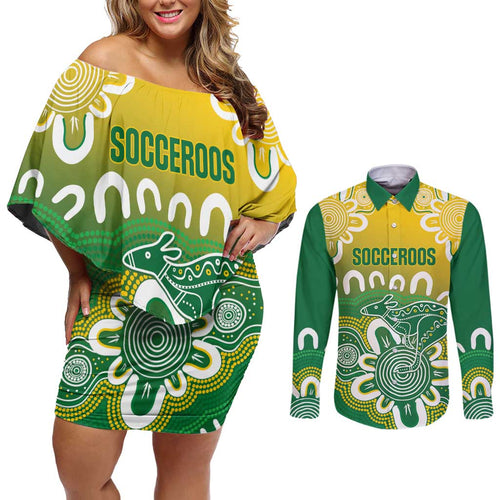 Custom Australia Socceroos Football Couples Matching Off Shoulder Short Dress and Long Sleeve Button Shirt Come On Aussie