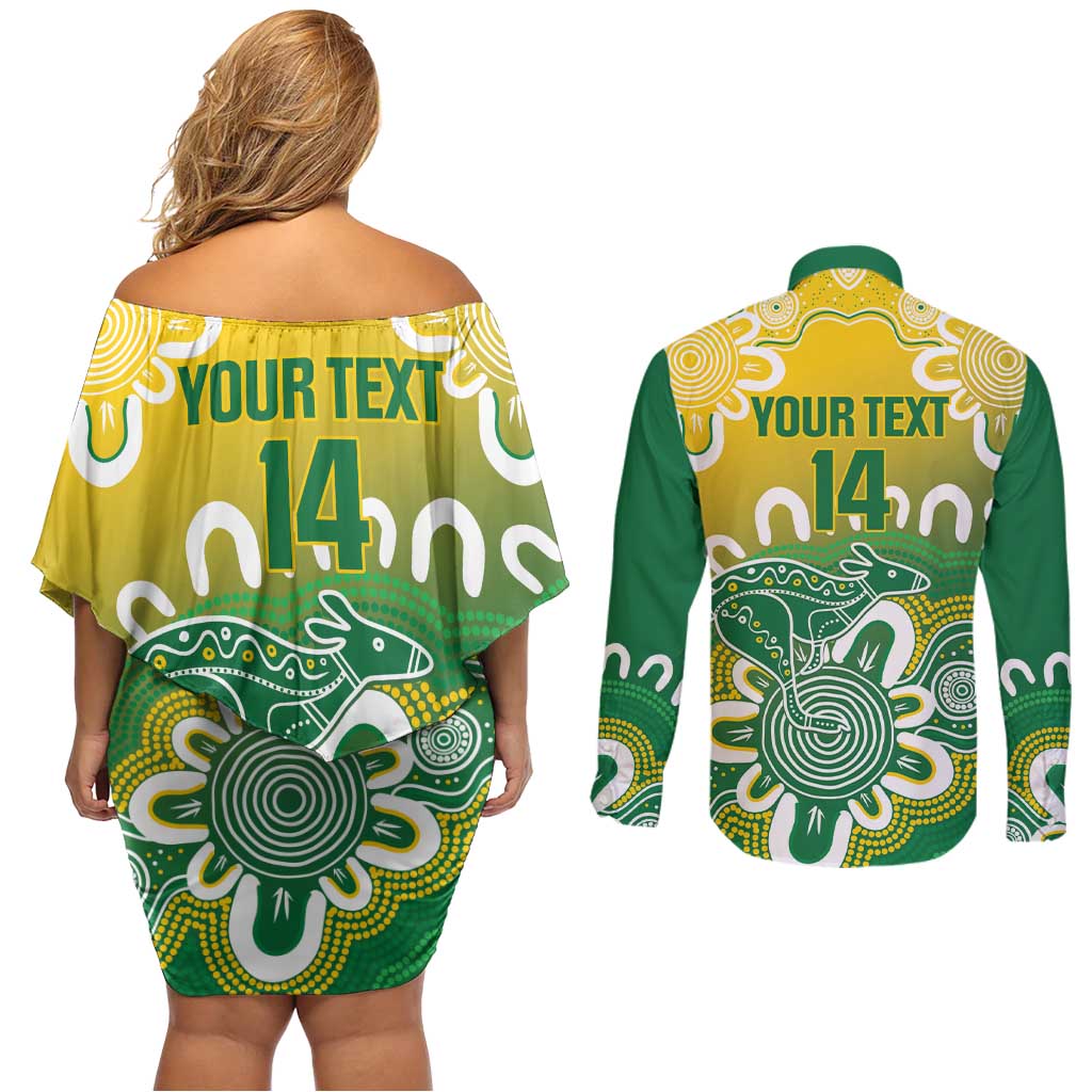 Custom Australia Socceroos Football Couples Matching Off Shoulder Short Dress and Long Sleeve Button Shirt Come On Aussie