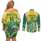Custom Australia Socceroos Football Couples Matching Off Shoulder Short Dress and Long Sleeve Button Shirt Come On Aussie