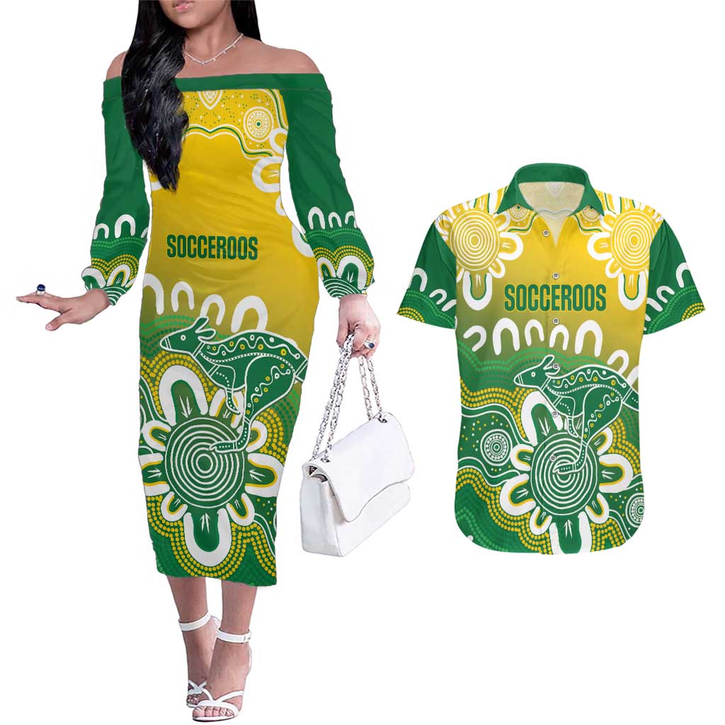 Custom Australia Socceroos Football Couples Matching Off The Shoulder Long Sleeve Dress and Hawaiian Shirt Come On Aussie
