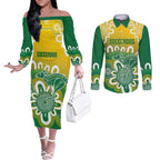 Custom Australia Socceroos Football Couples Matching Off The Shoulder Long Sleeve Dress and Long Sleeve Button Shirt Come On Aussie