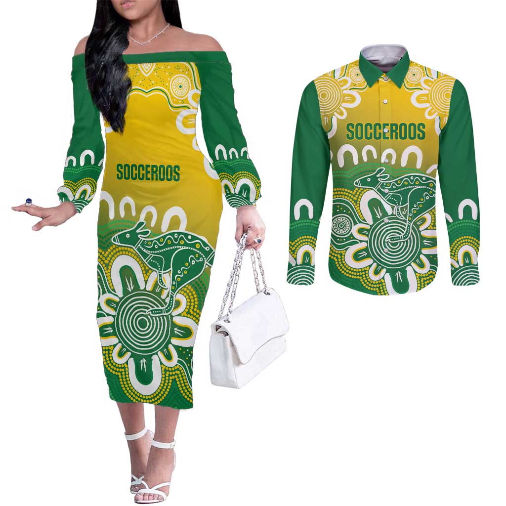 Custom Australia Socceroos Football Couples Matching Off The Shoulder Long Sleeve Dress and Long Sleeve Button Shirt Come On Aussie