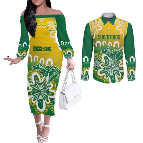 Custom Australia Socceroos Football Couples Matching Off The Shoulder Long Sleeve Dress and Long Sleeve Button Shirt Come On Aussie