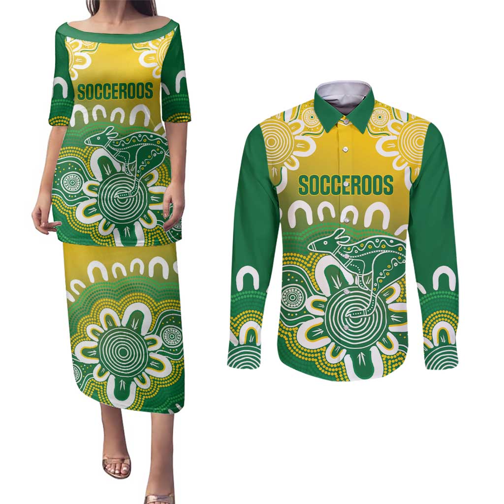 Custom Australia Socceroos Football Couples Matching Puletasi and Long Sleeve Button Shirt Come On Aussie