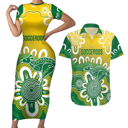Custom Australia Socceroos Football Couples Matching Short Sleeve Bodycon Dress and Hawaiian Shirt Come On Aussie