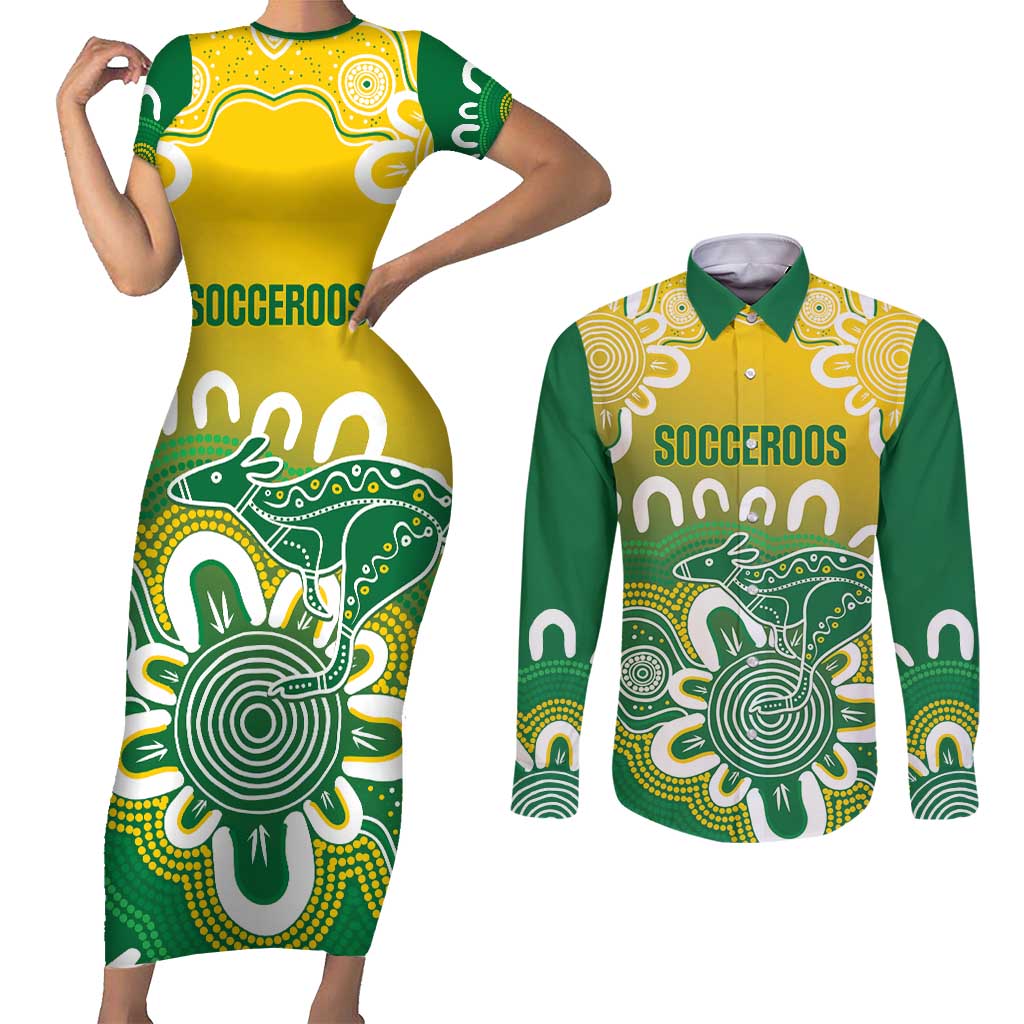 Custom Australia Socceroos Football Couples Matching Short Sleeve Bodycon Dress and Long Sleeve Button Shirt Come On Aussie