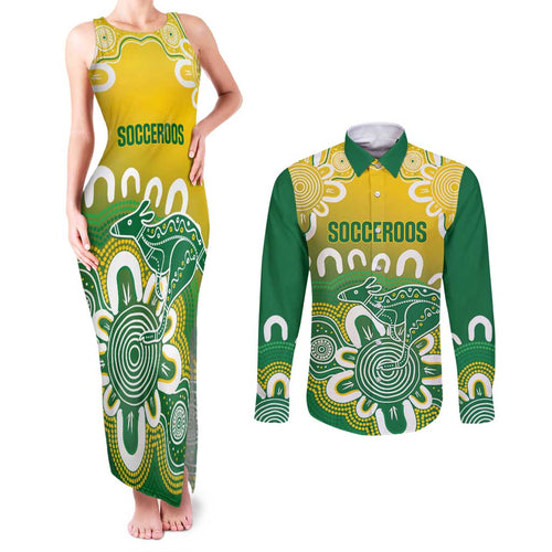 Custom Australia Socceroos Football Couples Matching Tank Maxi Dress and Long Sleeve Button Shirt Come On Aussie
