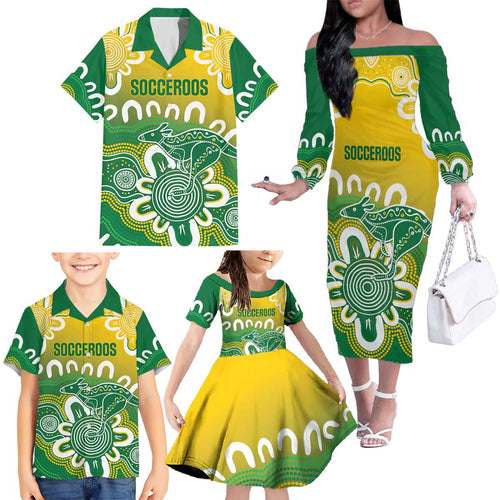 Custom Australia Socceroos Football Family Matching Off The Shoulder Long Sleeve Dress and Hawaiian Shirt Come On Aussie