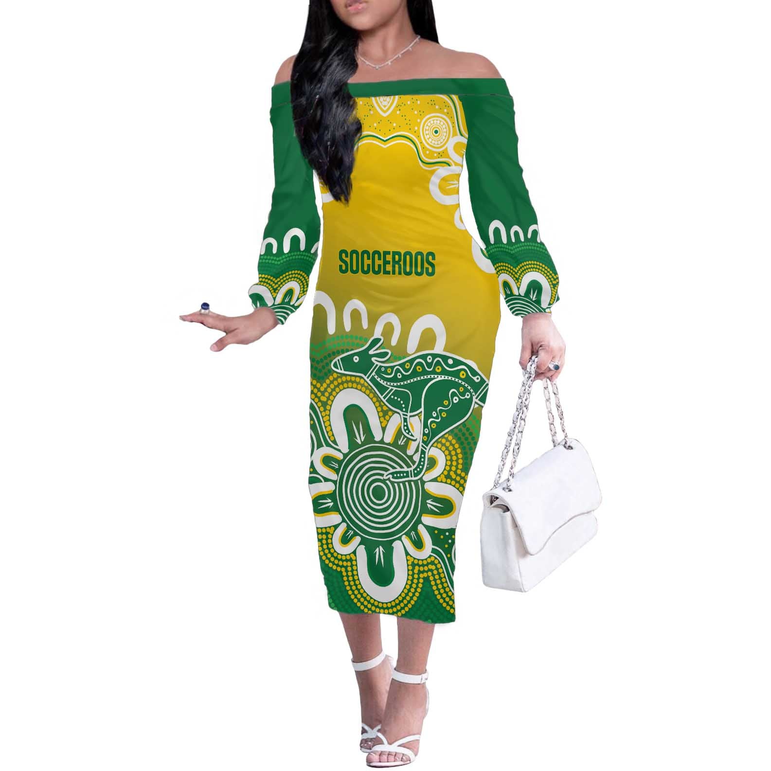Custom Australia Socceroos Football Off The Shoulder Long Sleeve Dress Come On Aussie